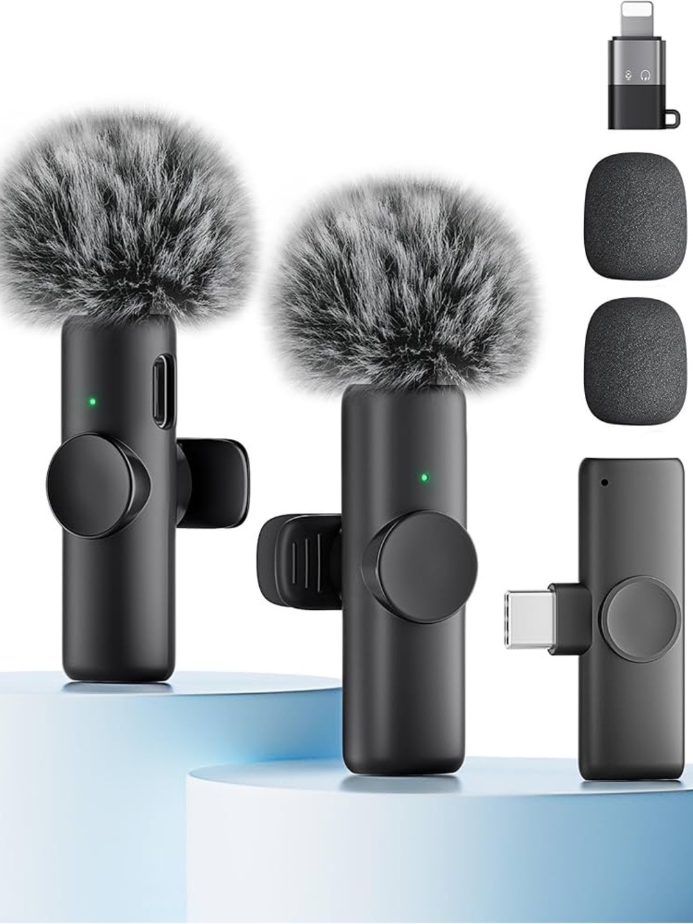 Rechargeable Clip on Black Wireless Microphone with Furry Windshields USB-C